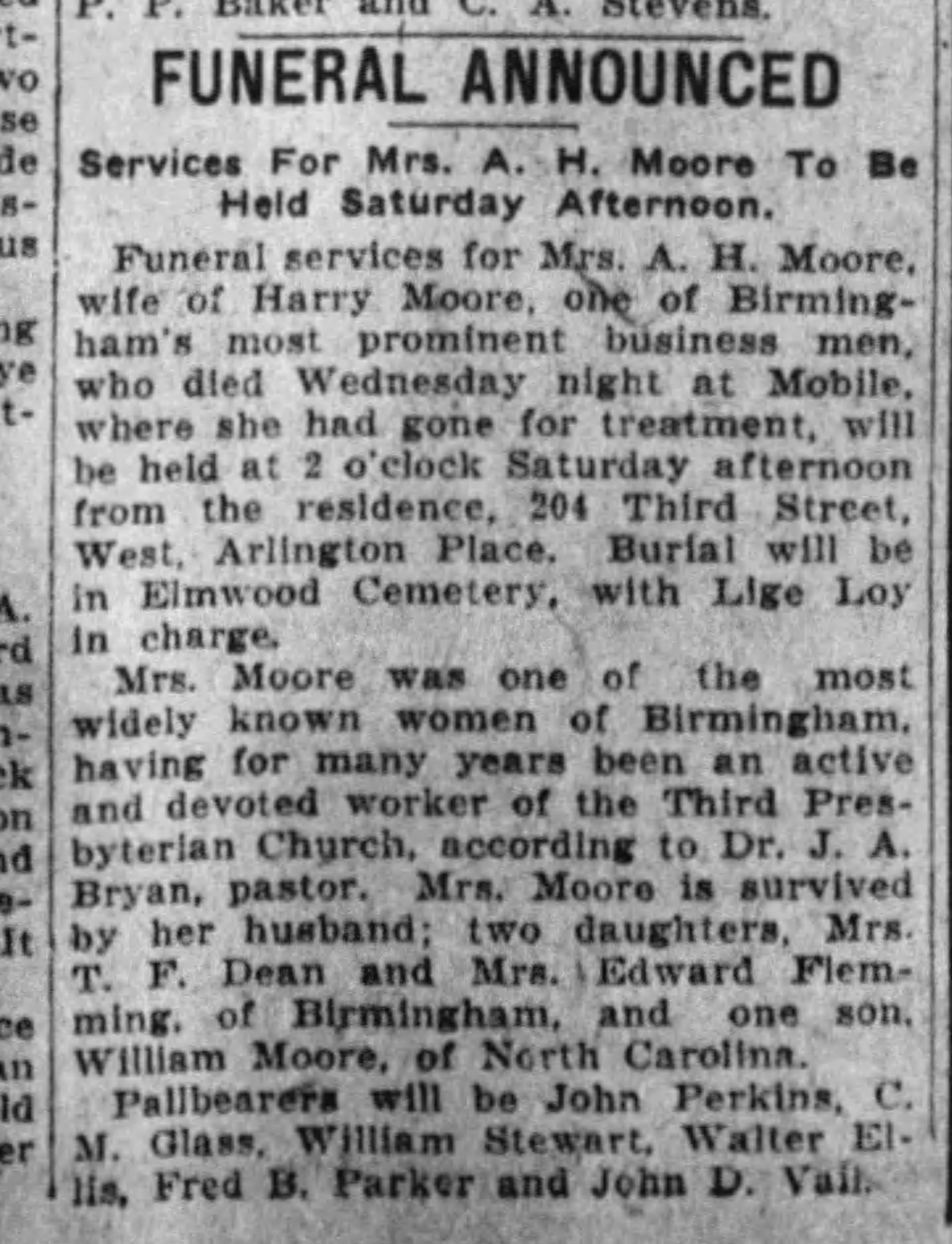 Funeral Announced Mrs. A. H. Moore